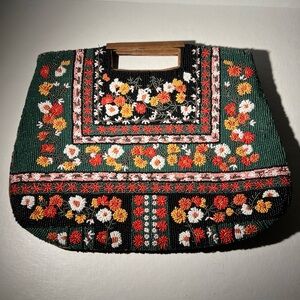 Anthropologie Salma Beaded Clutch Black Green Floral Wristlet